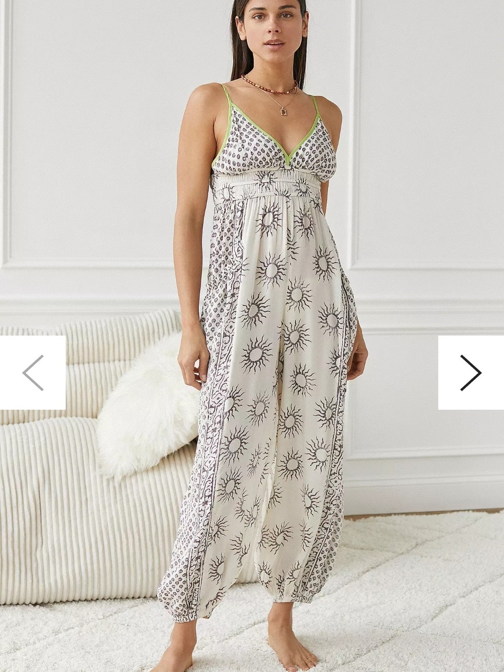 Urban Outfitters Ivory Sunburst-Print Jumpsuit with Lime Trim